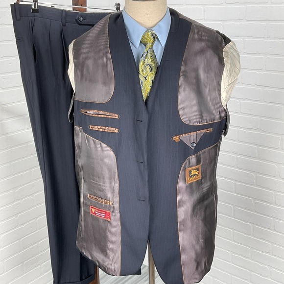 Caravelli Suit Mens 42R 33W 28L Blue Pinstripe Superior 150s Hightech Classic - Picture 5 of 16